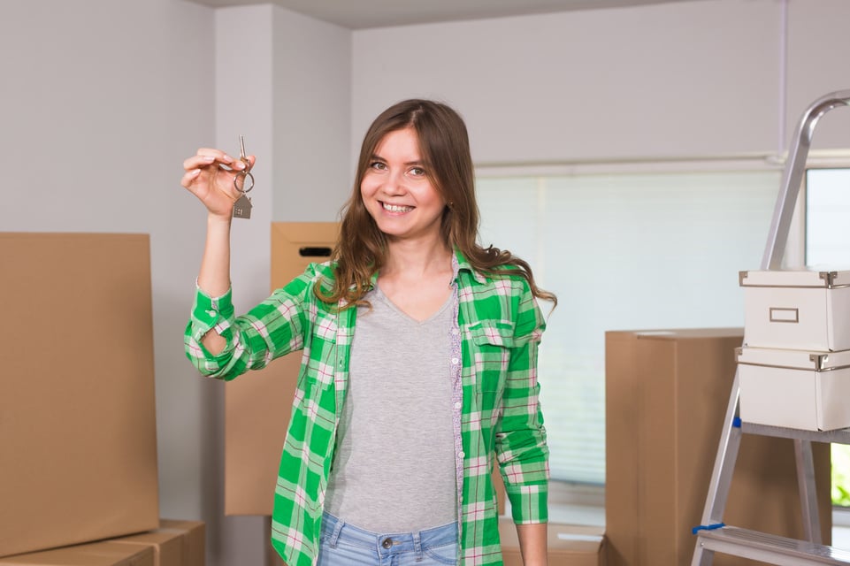 Happy Apartment Owner or Renter Showing Keys of New Home